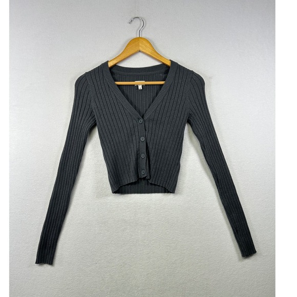 aerie Sweaters - Aerie Ribbed Cropped Cardigan Gray Long Sleeve V‎ Neck Button Up XS